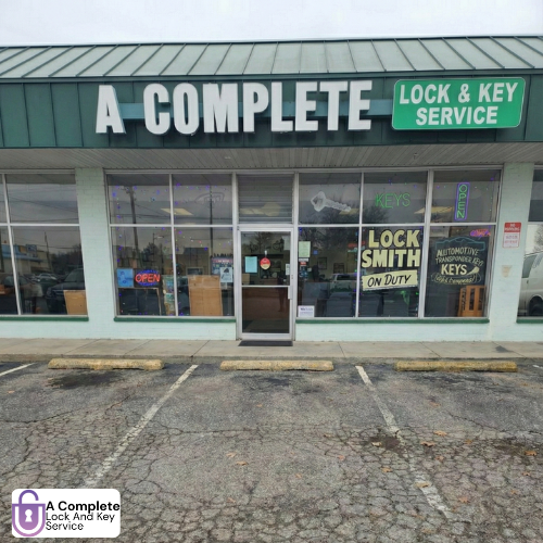 storefront of the locksmith shop at 8320 lackland rd in st. louis mo a complete lock and key service